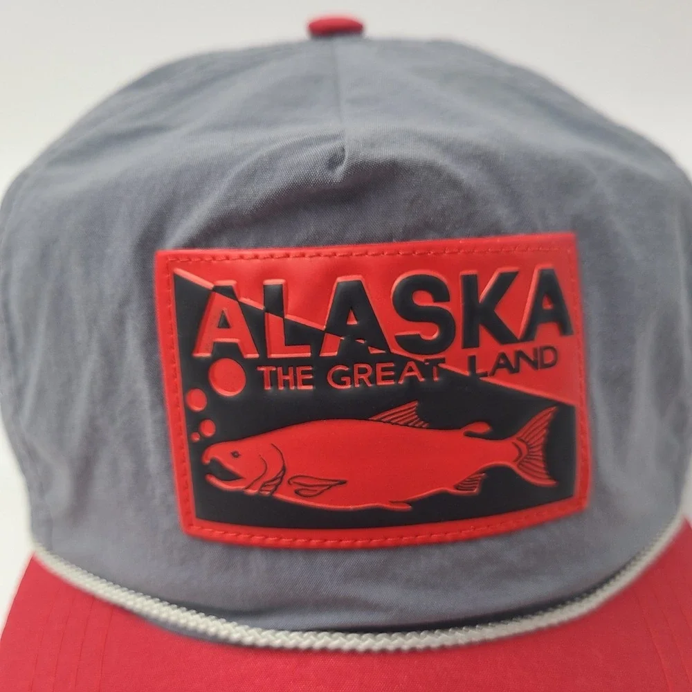 Vintage Alaska Hat Adjustable Rope Nylon The Great‎ Land Fish Gray Red Outdoors